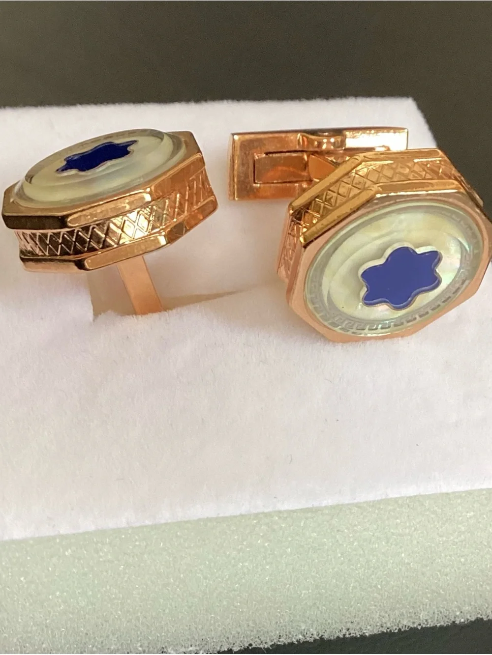 Montblanc Rose Gold-Tone Cufflinks - Blue Star Mother of Pearl Greek Key Motif